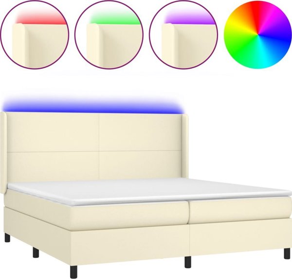 vidaXL Υπέρδιπλο κρεβάτι με LED, στρώμα, κρεμ, δέρμα eco 200x200 εκ.