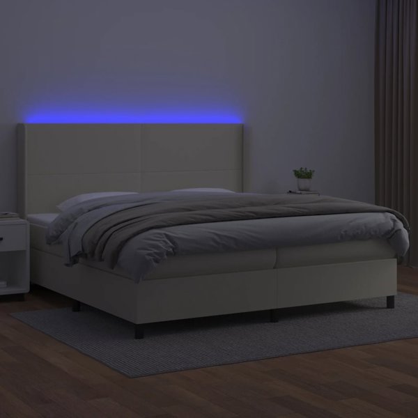 vidaXL Υπέρδιπλο κρεβάτι με LED, στρώμα, κρεμ, δέρμα eco 200x200 εκ.