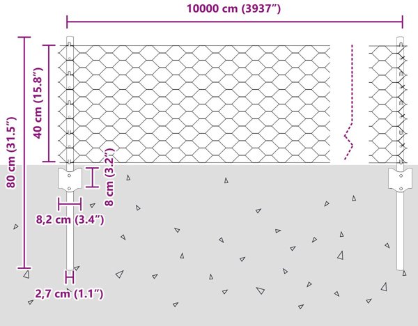 VidaXL Στύλοι Περιφράξεων U-Channel 11 τεμ. 40 cm Γαλβανισμένο Ατσάλι, Εξαγωνική Περίφραξη 0,4x100 m Γαλβανισμένο Ατσάλι
