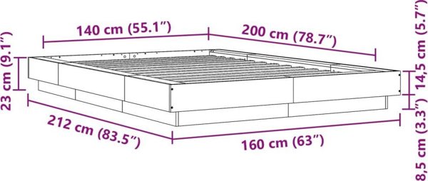 vidaXL Σκελετός Κρεβατιού, Γκρι Δρυς Sonoma, 140x200 εκ, Υλικό Ξύλου