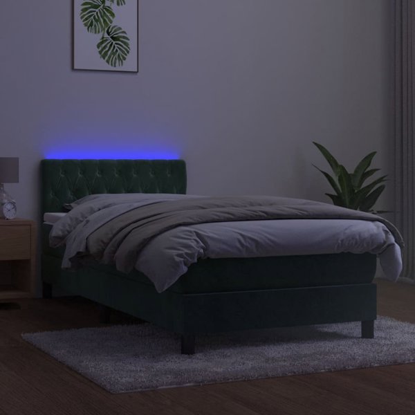 vidaXL Κοντινεντάλ κρεβάτι με στρώμα και LED, πράσινο βελούδο, 90x190 cm