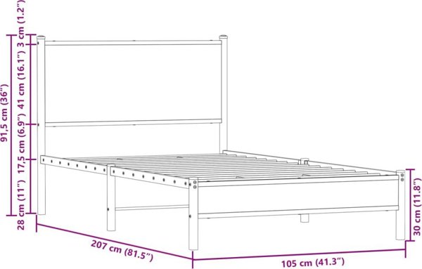 vidaXL Metalowa rama lozka, bez materaca, przydymiony dab, 100x200 cm
