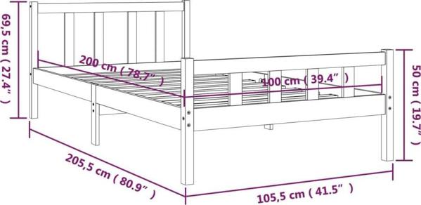 vidaXL Rama κρεβατιού, γκρι, μασίφ ξύλο, 100 x 200 εκ.