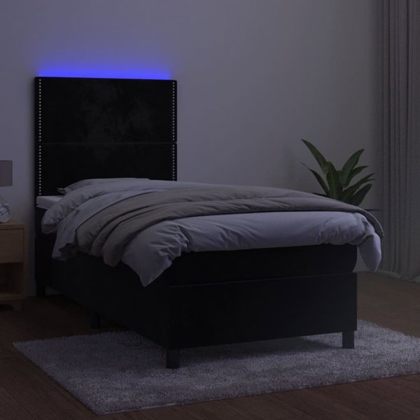 vidaXL Κρεβάτι κοντινεντάλ με στρώμα και LED, μαύρο βελούδο, 90x190 cm