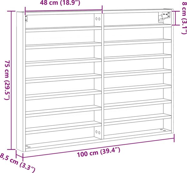 vidaXL Βιτρίνα Τοίχου από Μασίφ Παλαιό Ξύλο, 100x8.5x75 εκ.