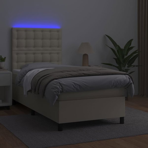 vidaXL Lozko kontynentalne z LED, materac, kremowe, ekoskora 90x190 cm