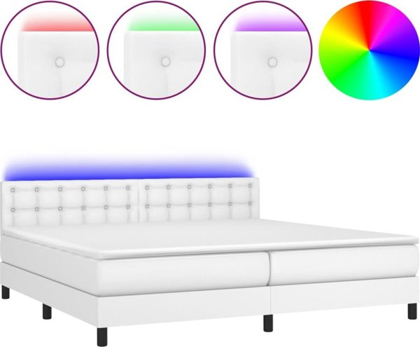 vidaXL Κρεβάτι κοντινένταλ με στρώμα και LED, λευκή οικο-δερματίνη 200x200cm