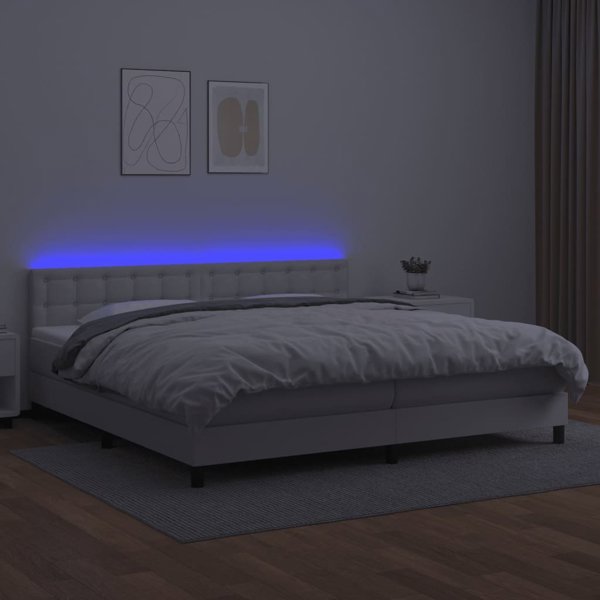 vidaXL Κρεβάτι κοντινένταλ με στρώμα και LED, λευκή οικο-δερματίνη 200x200cm