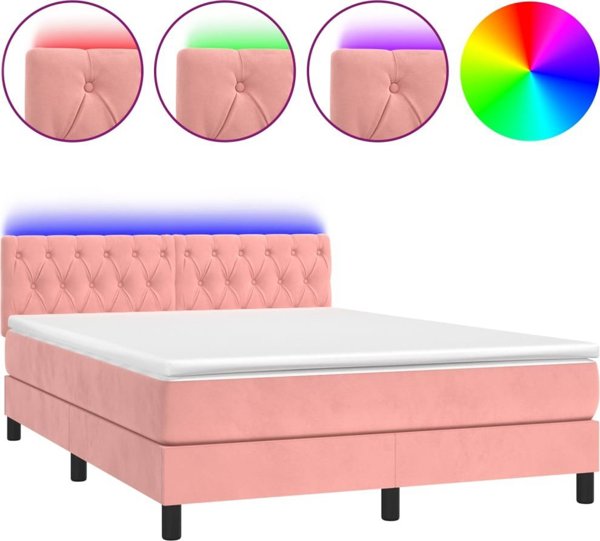 vidaXL Κρεβάτι kontynentalne με στρώμα και LED, ροζ βελούδο 140x200 cm