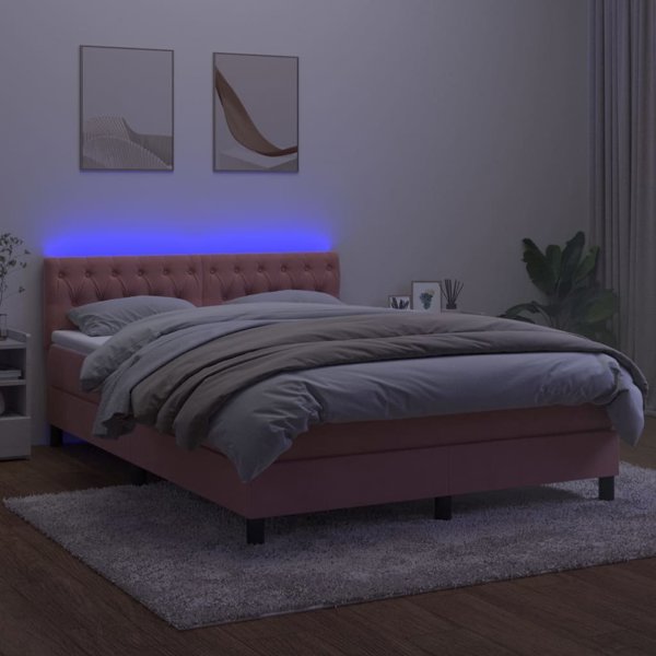 vidaXL Κρεβάτι kontynentalne με στρώμα και LED, ροζ βελούδο 140x200 cm