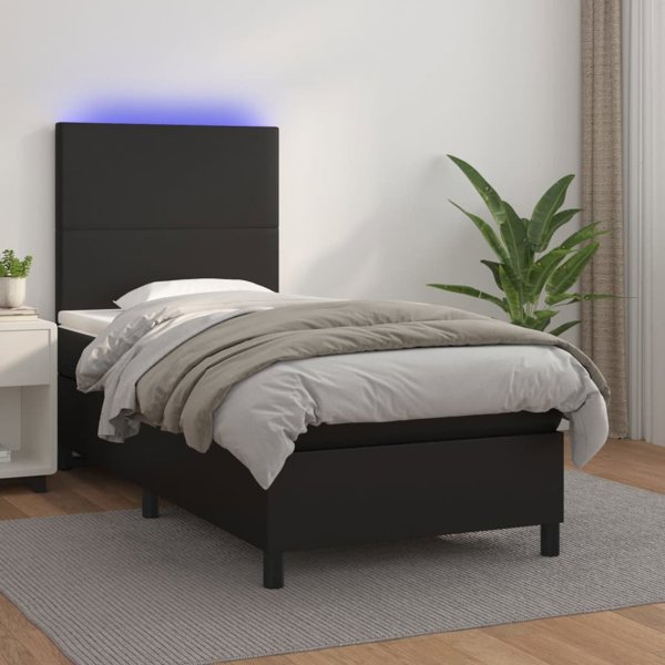 vidaXL Κρεβάτι κοντινεντάλ με στρώμα και LED, μαύρο οικο-δέρμα, 100x200 cm