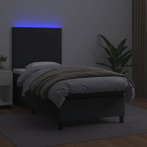 vidaXL Κρεβάτι κοντινεντάλ με στρώμα και LED, μαύρο οικο-δέρμα, 100x200 cm