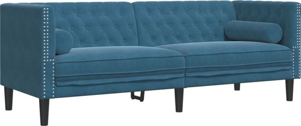 vidaXL Καναπές Chesterfield 3θέσιος με κυλινδρικά μαξιλάρια, μπλε, βελούδο