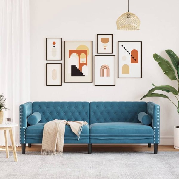 vidaXL Καναπές Chesterfield 3θέσιος με κυλινδρικά μαξιλάρια, μπλε, βελούδο