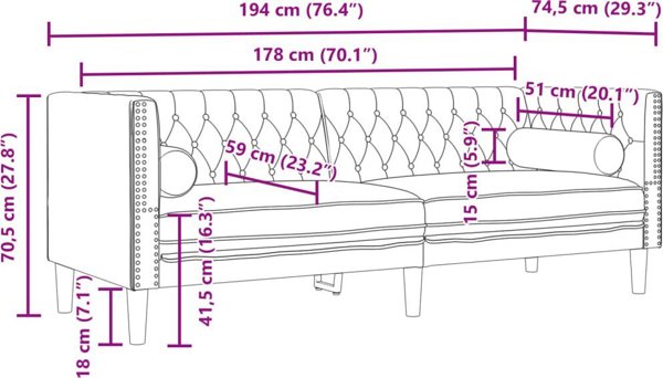 vidaXL Καναπές Chesterfield 3θέσιος με κυλινδρικά μαξιλάρια, μπλε, βελούδο