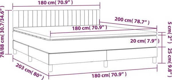 vidaXL Κρεβάτι Kontynentalne με στρώμα και LED, μαύρος βελούδος, 180x200 cm