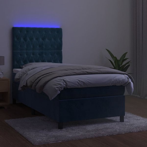 vidaXL Κρεβάτι κοντινεντάλ με στρώμα και LED, μπλε βελούδο, 100x200cm