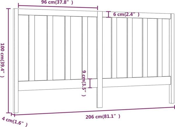 vidaXL Κεφαλάρι κρεβατιού, μαύρο, 206x4x100 cm, από μασίφ πεύκο