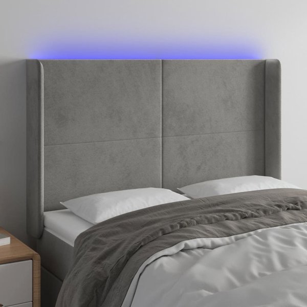 vidaXL Επένδυση κεφαλής κρεβατιού με LED, ανοιχτό γκρι, 147x16x118/128 cm, βελούδο