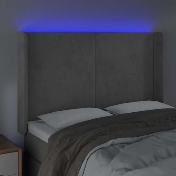 vidaXL Επένδυση κεφαλής κρεβατιού με LED, ανοιχτό γκρι, 147x16x118/128 cm, βελούδο