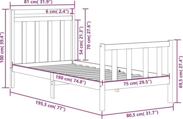 vidaXL Σκελετός κρεβατιού, μαύρο, μασίφ ξύλο, 75x190 εκ, μονό