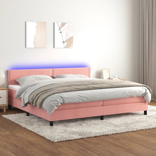 vidaXL Lozko kontynentalne z materacem i LED, rozowy aksamit 200x200cm