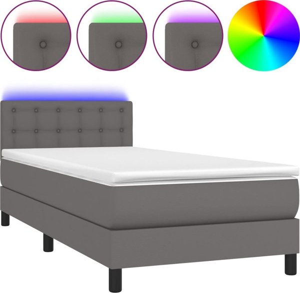 vidaXL Lozko kontynentalne z materacem i LED, szara ekoskora 80x200 cm