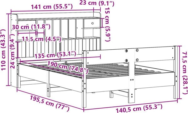vidaXL Κρεβάτι με Ράφι 135x190 εκ από Μασίφ Πεύκο