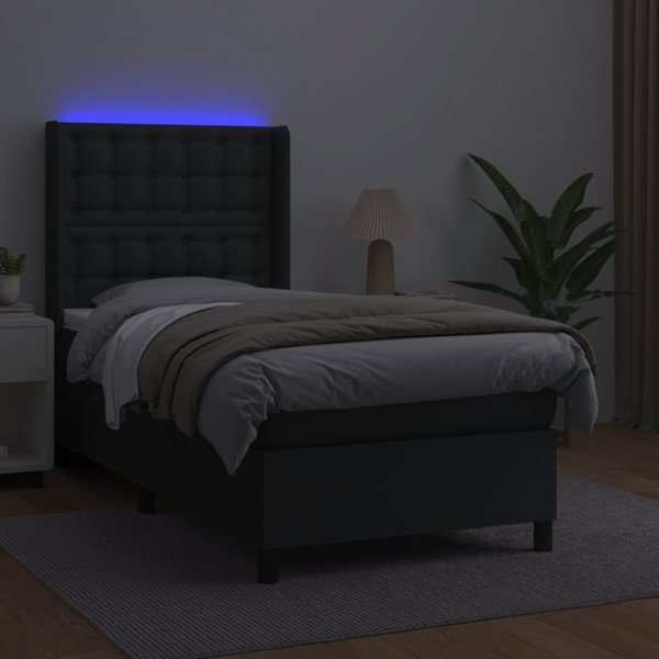vidaXL Lozko kontynentalne z materacem i LED czarna ekoskora 90x190 cm