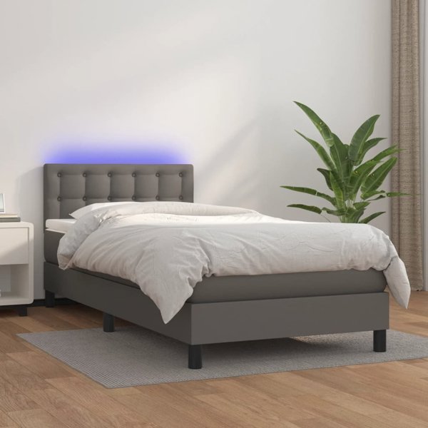 vidaXL Λουζκο kontynentalne με στρώμα και LED, γκρι δερματίνη, 100x200 εκ.