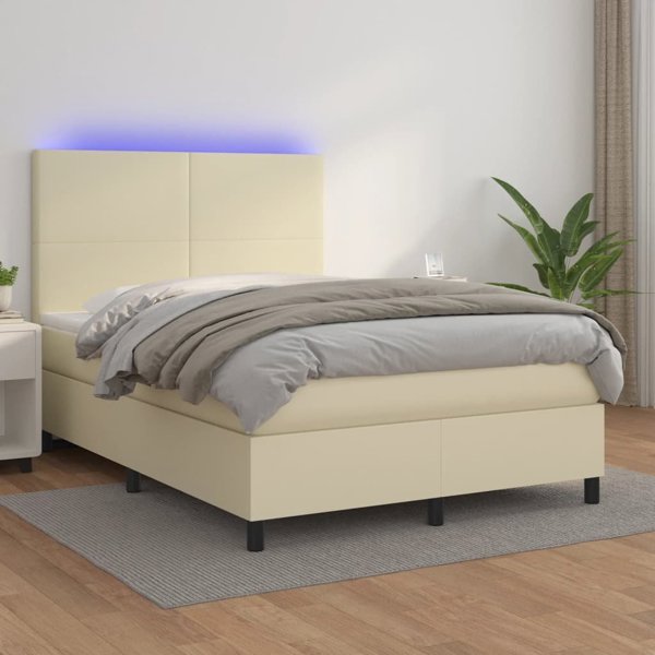 vidaXL Κρεβάτι κοντινεντάλ με LED, στρώμα, κρεμ οικολογικό δέρμα, 140x200 εκ.