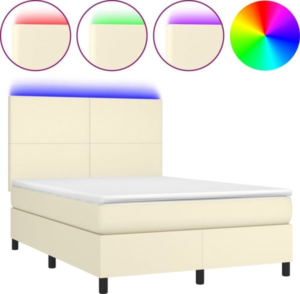 vidaXL Κρεβάτι κοντινεντάλ με LED, στρώμα, κρεμ οικολογικό δέρμα, 140x200 εκ.