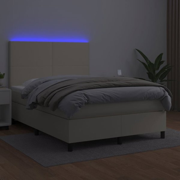 vidaXL Κρεβάτι κοντινεντάλ με LED, στρώμα, κρεμ οικολογικό δέρμα, 140x200 εκ.