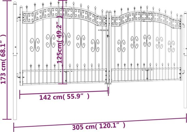 vidaXL vidaXL Brama z grotami, czarna, 305x173 cm, malowana proszkowo stal