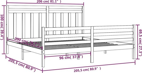 vidaXL Πλαίσιο κρεβατιού, γκρι, συμπαγές ξύλο, 200 x 200 cm