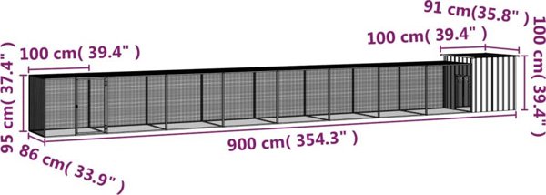 vidaXL Κλουβί για κοτόπουλα, ανθρακί, 900x91x100 cm, ατσάλι