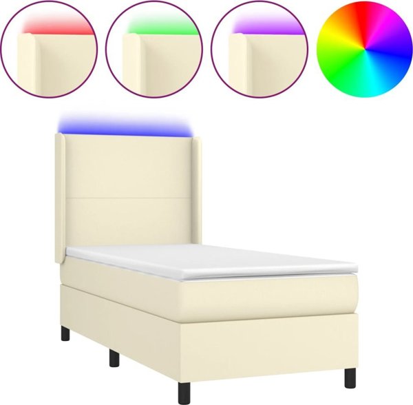 vidaXL Lodzko kontynentalne z LED, materac, kremowe, ekoskora 90x200 cm