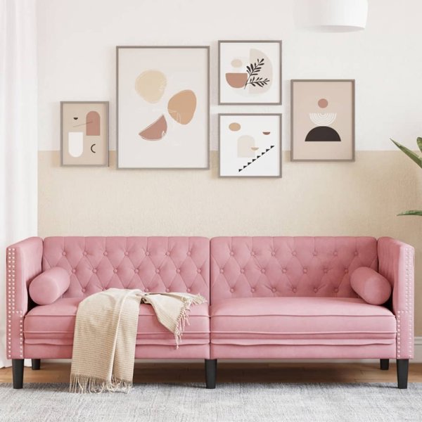 vidaXL Καναπές Chesterfield με κυλίνδρους, τριθέσιος, ροζ, βελούδο