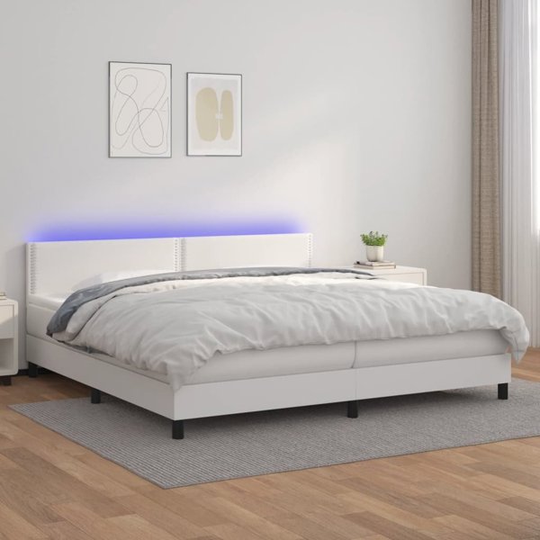 vidaXL Λευκό κρεβάτι κοντινένταλ με στρώμα και LED, λευκή οικοδερμα 200x200cm
