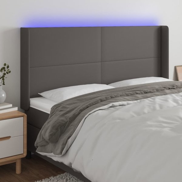 vidaXL Κεφαλάρι κρεβατιού με LED, γκρι, 203x16x118/128 εκ., τεχνητό δέρμα