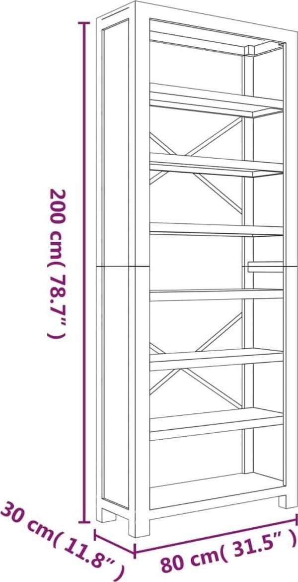 vidaXL Βιβλιοθήκη με 7 ράφια, 80x30x200 cm, στερεό ξύλο ακακίας