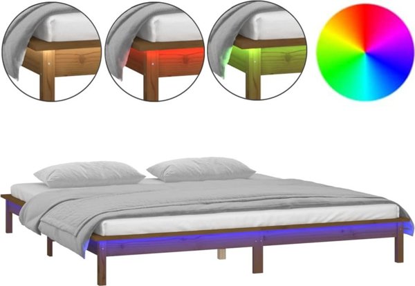 vidaXL Rama κρεβατιού με LED, μελί καφέ, 200x200 εκ, μασίφ ξύλο