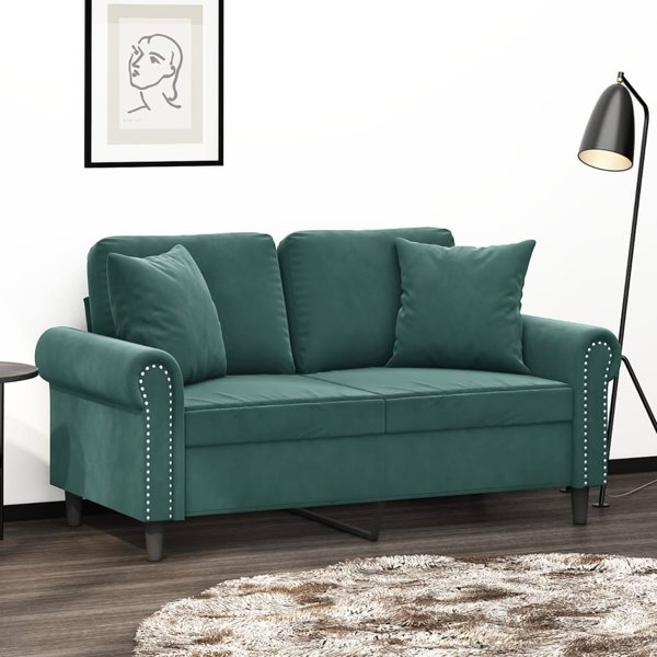 vidaXL 2-osobowa sofa z poduszkami, ciemnozielona, 120 cm, aksamit
