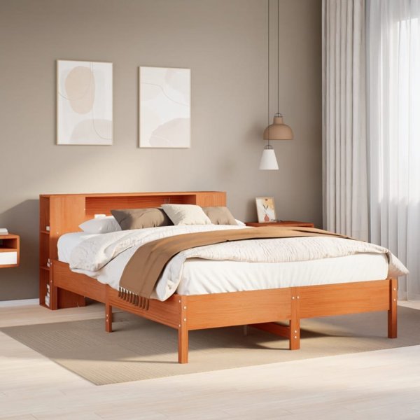 vidaXL Κρεβάτι με Ράφι, χωρίς Στρώμα, 135x190 εκ., Κατεργασμένο Ξύλο Πεύκου