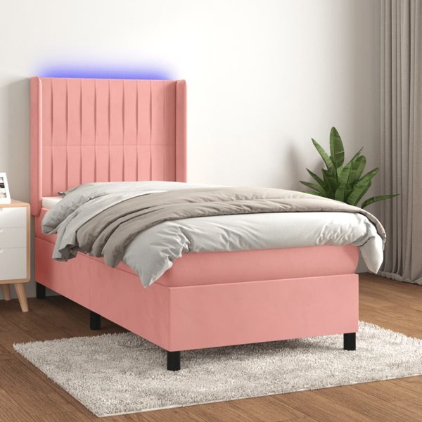 vidaXL Lozko kontynentalne z materacem i LED, rozowy aksamit 90x200 cm