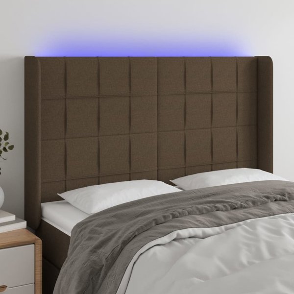 vidaXL Τελείωμα κεφαλιού κρεβατιού με LED, σκούρο καφέ, 147x16x118/128 εκ., ύφασμα