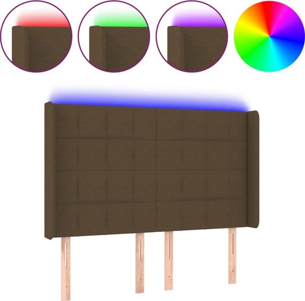 vidaXL Τελείωμα κεφαλιού κρεβατιού με LED, σκούρο καφέ, 147x16x118/128 εκ., ύφασμα