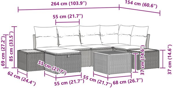 vidaXL 7 Τεμαχίων Σετ Κήπου Καναπέ με Μαξιλάρια Μαύρο Πολυρατάν
