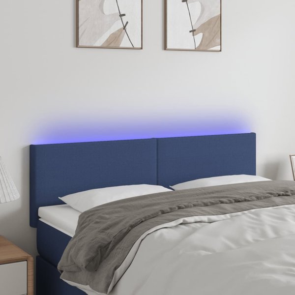 vidaXL Zaglowek do lozka z LED, niebieski, 144x5x78/88 cm, tkanina