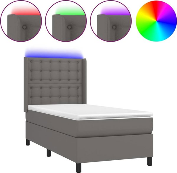 vidaXL Lozko kontynentalne z materacem i LED szara ekoskora 90x200 cm